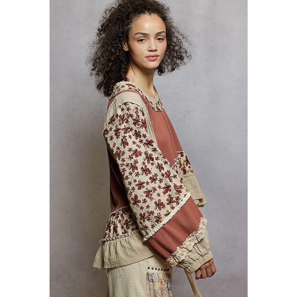 "La Bella" Floral Ruffle Lace Trim Top in Dusty Rose - Picture 2 of 4